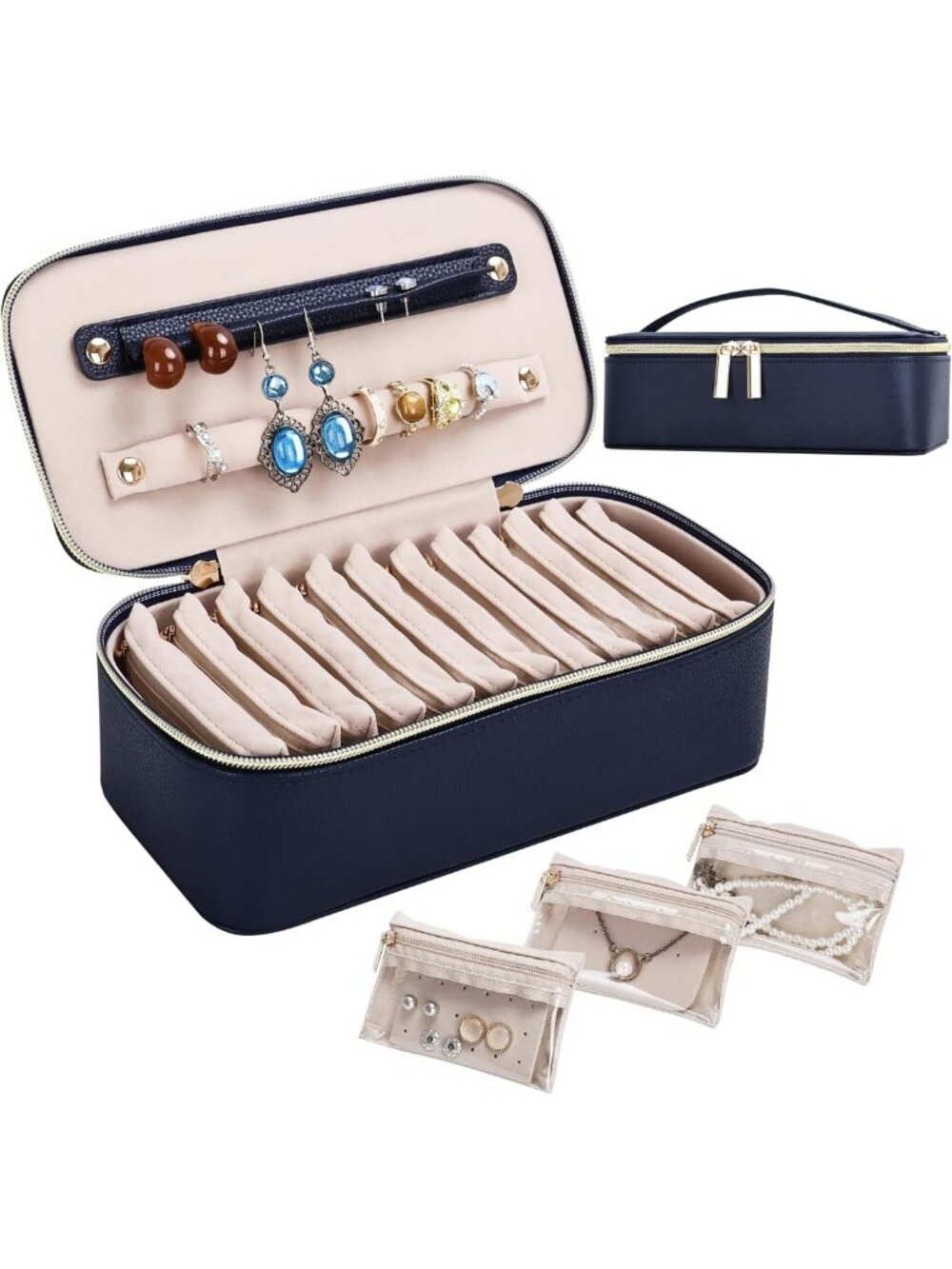 Large Portable Jewelry Travel Case with 12 Velvet Pouches - Organizer for